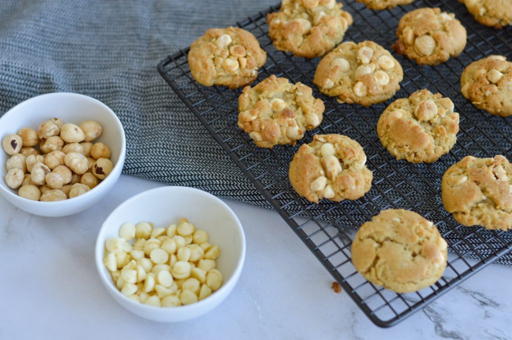 White Chocolate Chip and Macadamia Cookies in a cooling rack 