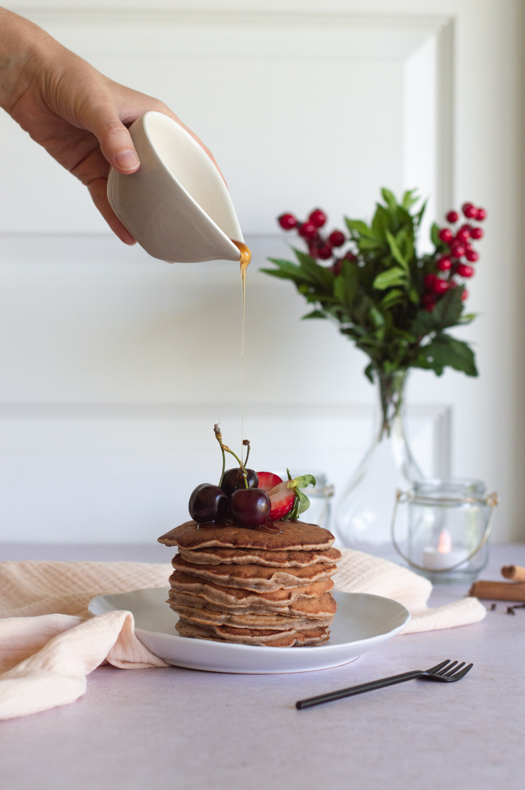 Drizzle of honey over Spiced Banana Pancakes