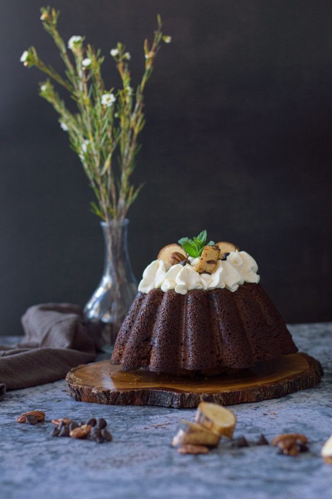 a banana chocolate chip bundt cake decorated