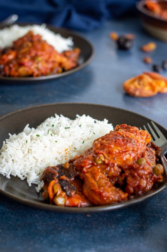 A close up of a dish of sweet chicken stew
